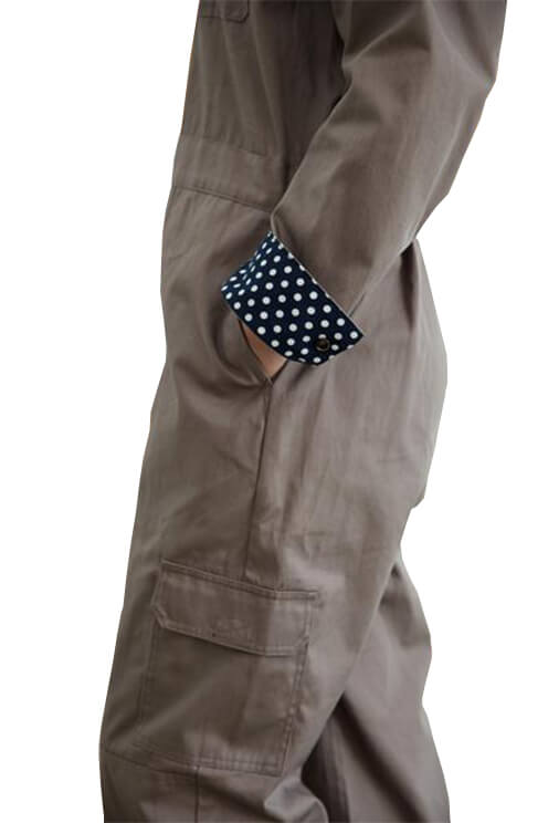 Classic Coverall | Greige With Navy Polka Dot Trim -SAMPLE